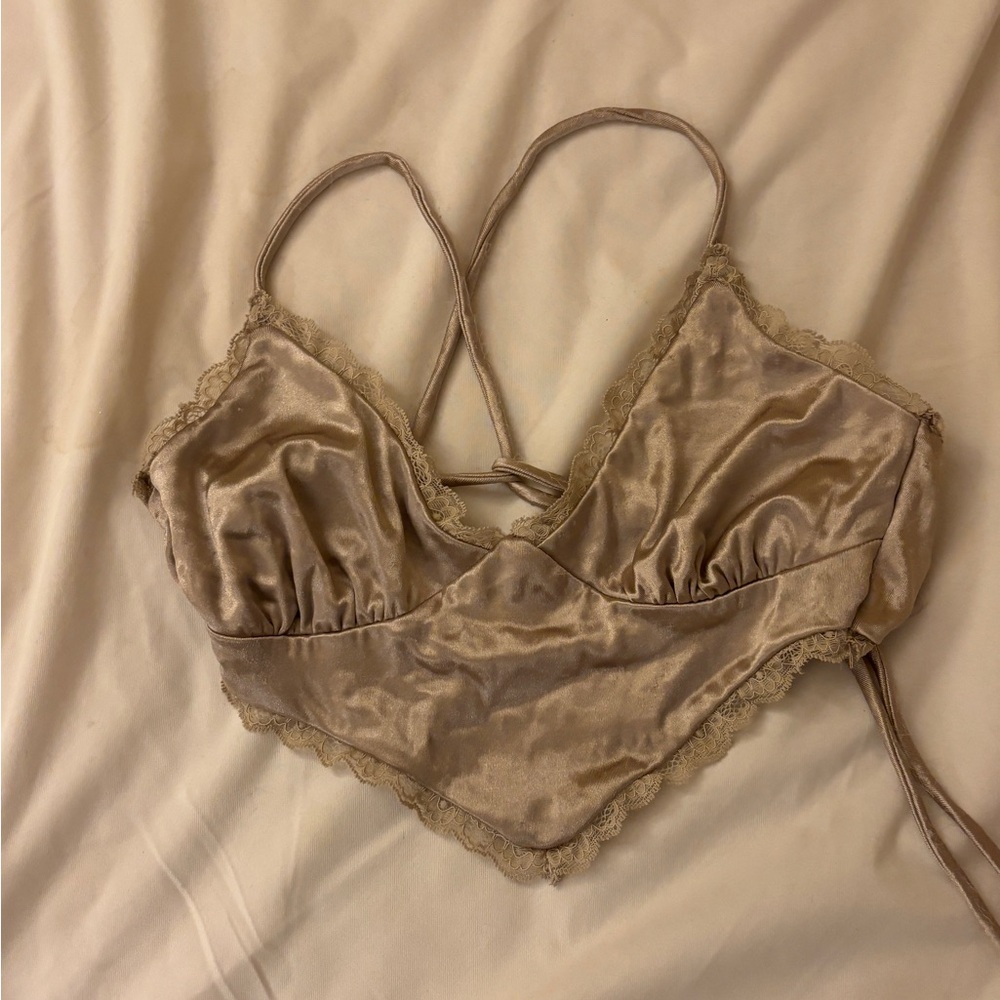 Garage Elegant Lace Trim Satin Bralette - Cream